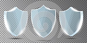 Glass shields set on transparent background in front and side view. Acrylic security shield or plexiglass plates with gleams photo